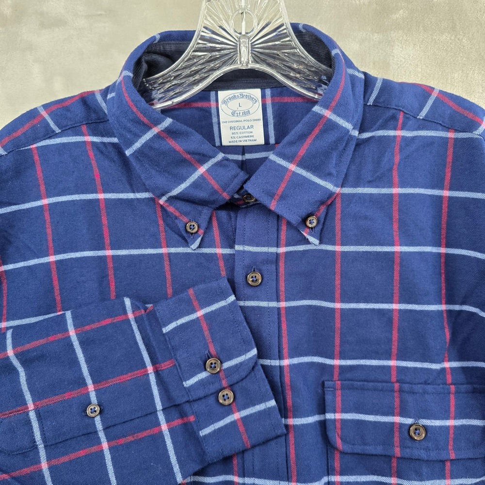 NEW Brooks Brothers Button Down Shirt Mens Large Blue Plaid Cotton‎ Cashmere
